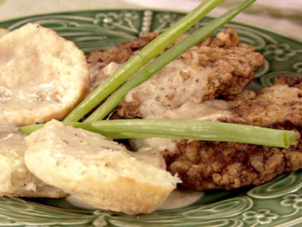 Fried Steak with Biscuits and Gravy